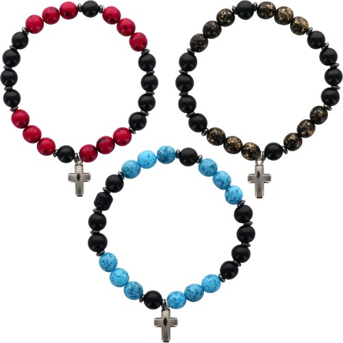 Bracelet dizainier sur élastique grains ronds en turquoise synthétique marbr2 & Jade noir Ø 8 mm et croix. Plusieurs couleurs